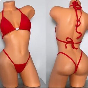 New Valentines Red Thong Bikini Set with Heart Detail